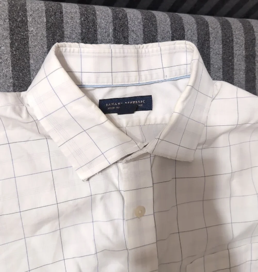 Banana Republic White Button-Up Shirt with Light Blue Windowpane L 16 16½ JAL